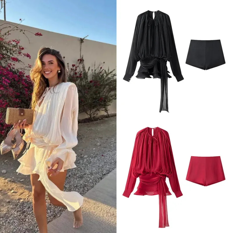 

Elegant Lace Up Chiffon Top Vintage Flared Sleeve Ruffle Top Solid Color Shorts Two-piece Set Fashionable Women's Summer Dress
