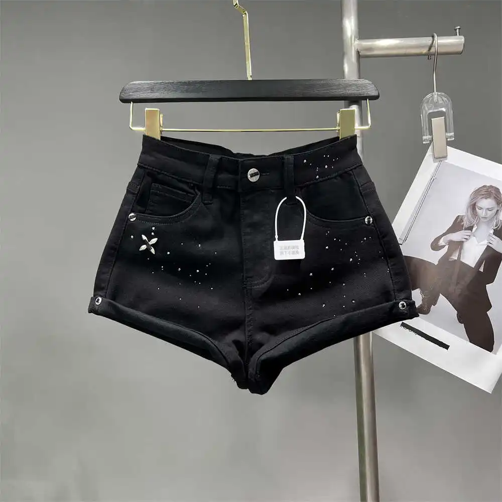 Faionable Low-Waist Flared Denim orts Glittery Trendy Summer Wear A-Line Hot Pants Neutral Sle High Waist Zipper Closur...