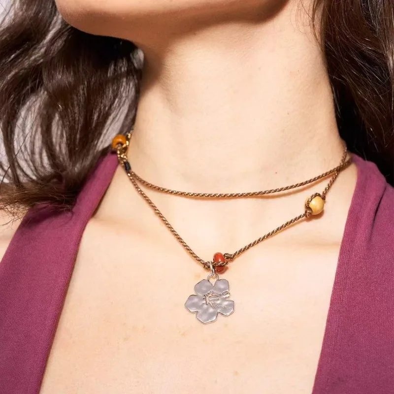

New Fuso Flower and Wood Bead Woven Necklace Handmade Braided Rope Retro Ethnic Style Vacation Accessories Necklace Item