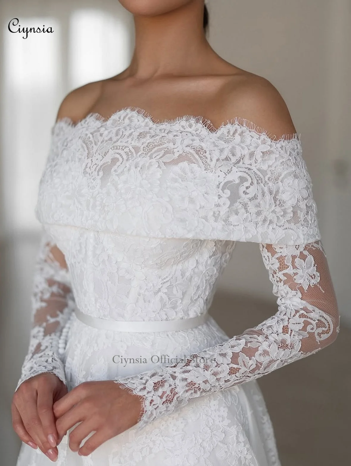 فساتين زفاف دانتيل مكشوفة الكتف وأكمام طويلة على شكل حرف A فساتين زفاف أنيقة للعرائس فيستدو دي نويفا حسب الطلب #5