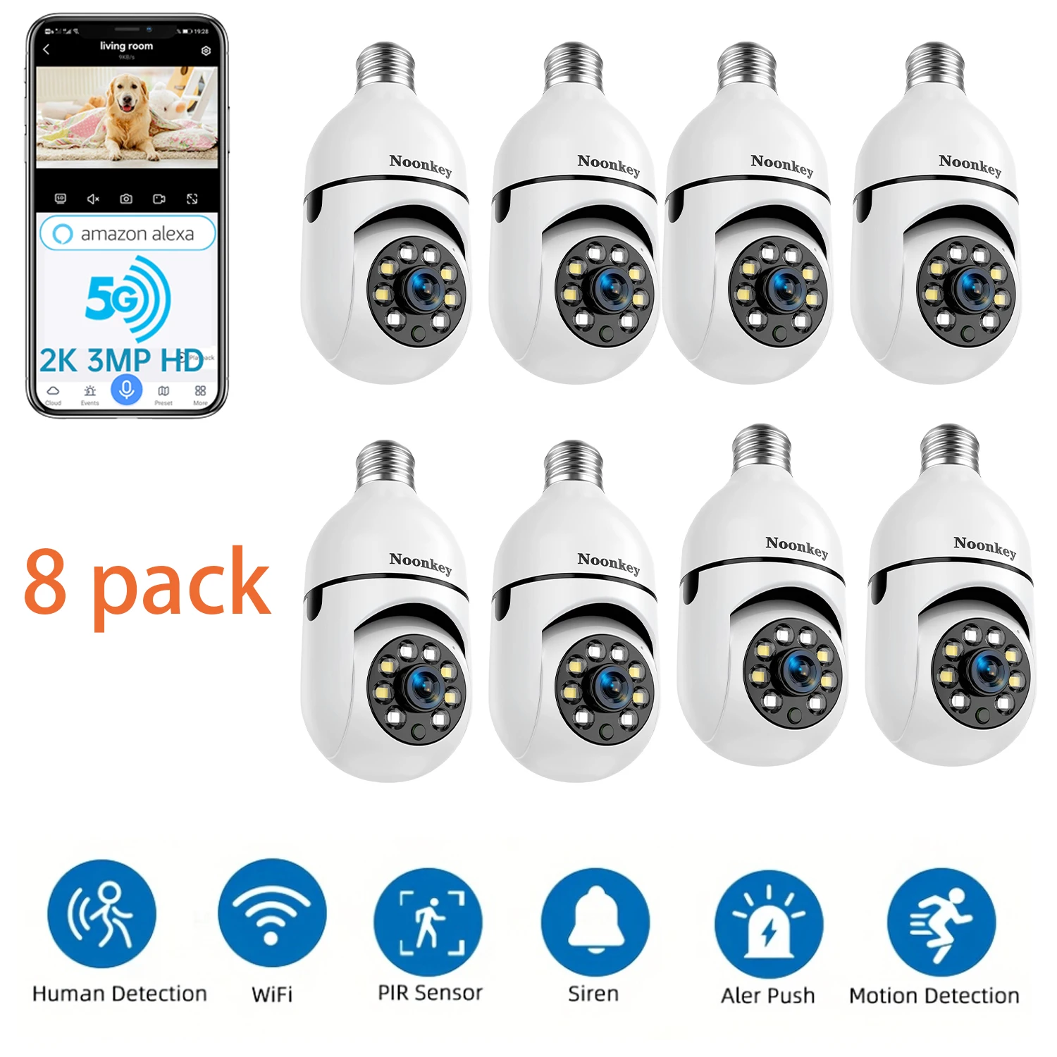 

【8Pcs】2K Light Bulb Security Camera, 2.4g Wi-Fi, Motion/Sound/Light Alarm, 2-Way Audio, Alexa, Easy Install, Indoor/Outdoor