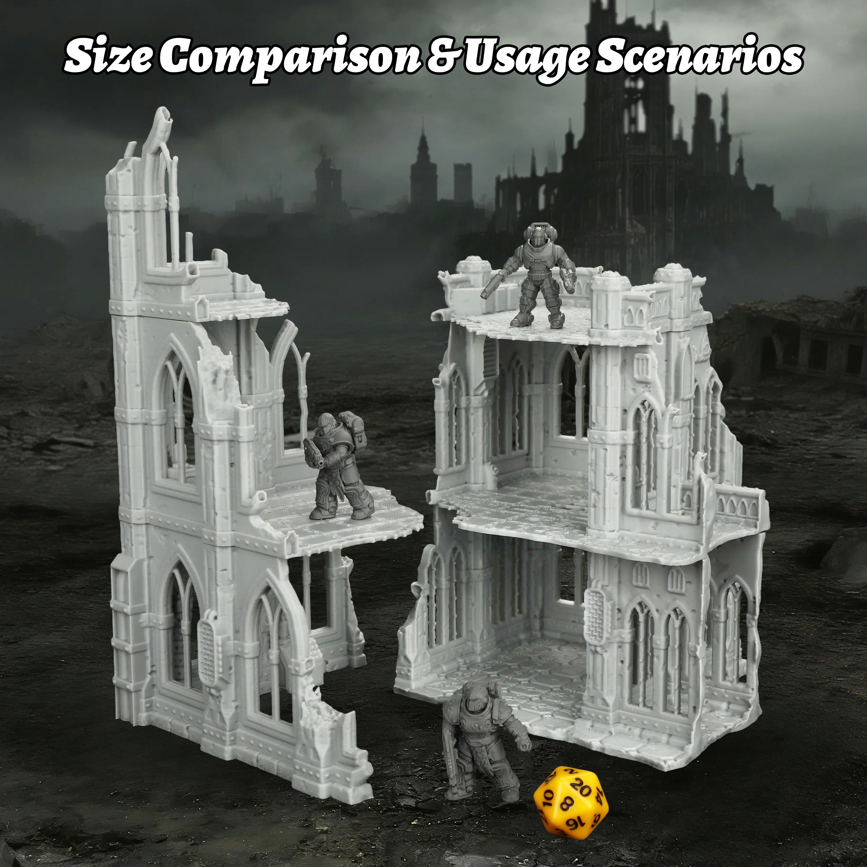 Sci-Fi Ruins Building Miniature Set, Fantasy TTRPG Terrain Models, 28mm Scale Cathedral Architecture, Ruined City Diorama Gift