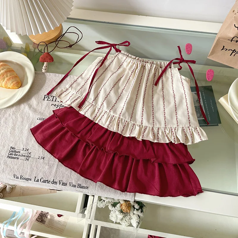 

Girls' Set 2025 Summer New Korean Striped Lace Up Sleeveless Vest Top and Red Lace Cake Skirt Two Piece Set