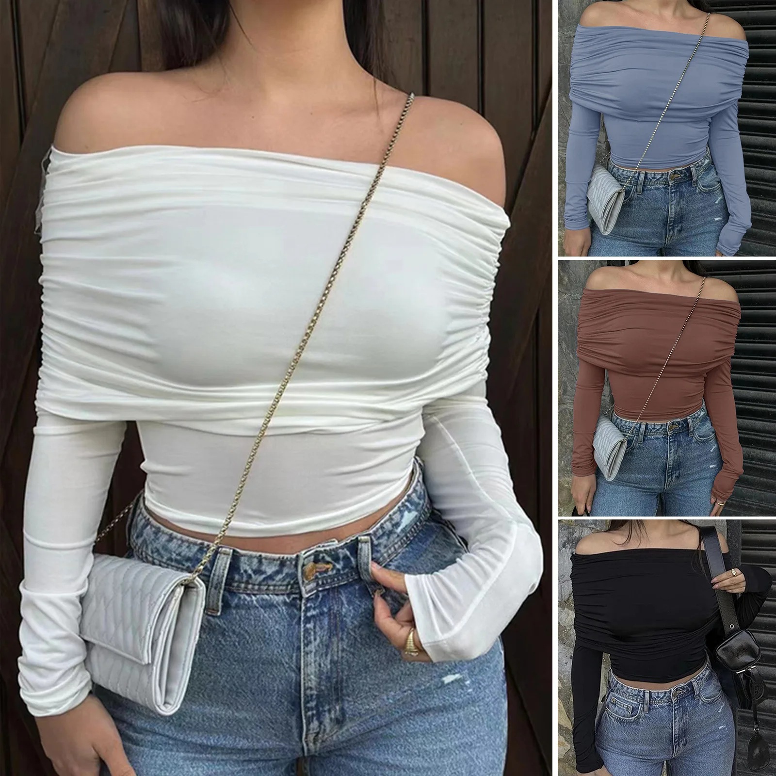 

Women's T-shirt 2024 Spring And Summer Casual Solid Color Pullover One-word Shoulder Knitted Top