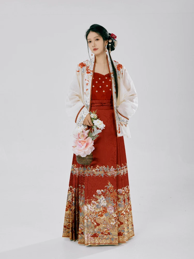 Elegant Floral Embroidered Hanfu Skirt Set Women's High Waist A-Line Midi Skirt Gold Thread Woven Traditional Chinese Style