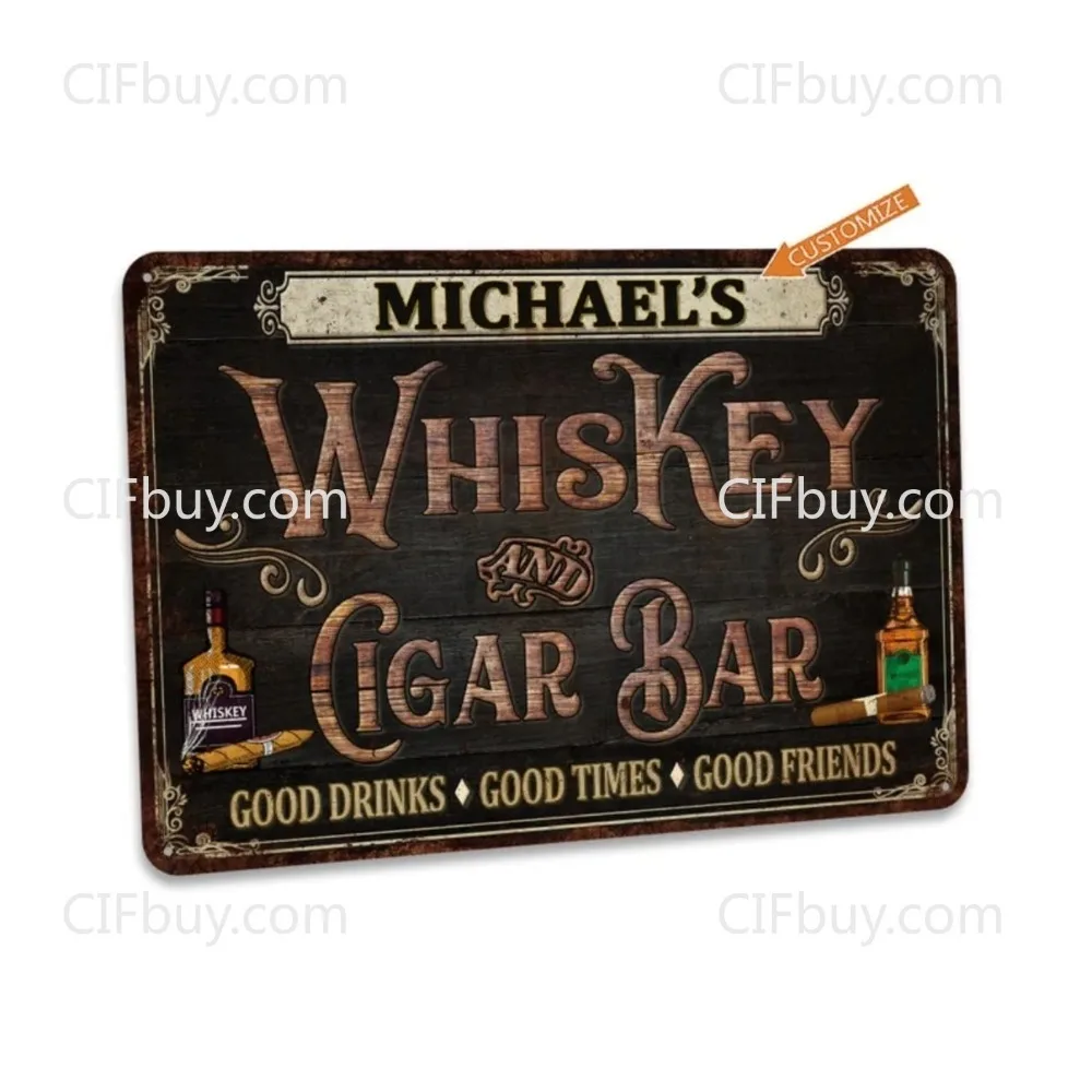 Custom Personalized Vintage Whiskey & Cigar Bar Sign Man Cave Home Bar Wall Decor Ideal Fathers Day Gift For Dad