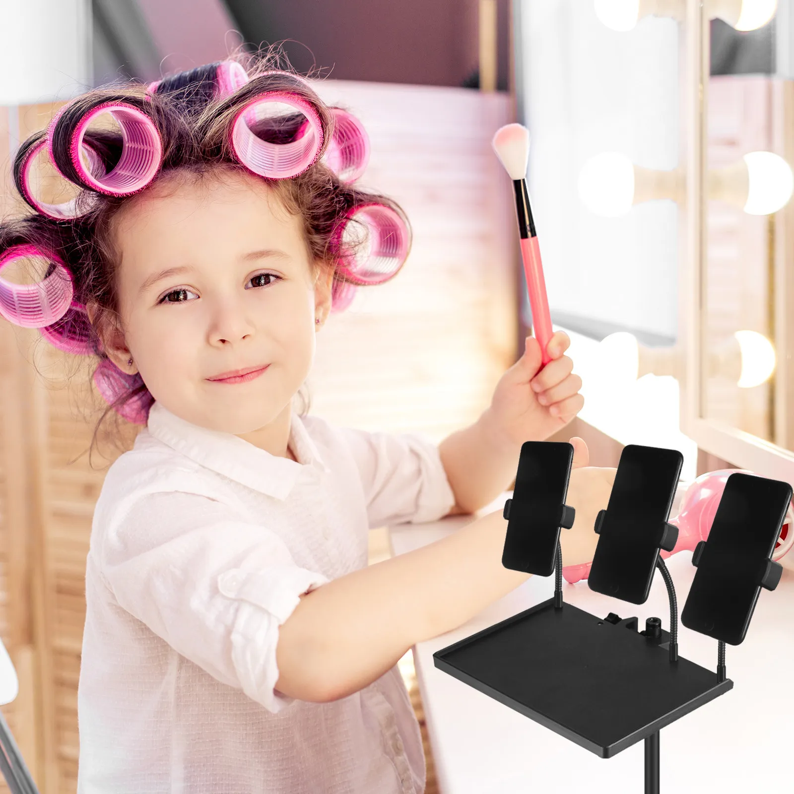 Mic Stand Tray Clamp-on Triple Phone Stand Shelf Holder Adjustable Height Detachable Phone Clip Sound Card Broadcast Music Sheet