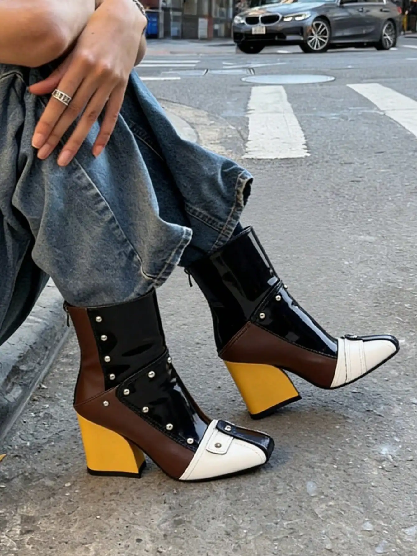 Women's Chunky Heel Ankle Boots Fashion Slip On Patent Leather Rivet Short Boots Square Toe Back Zipper Biker Boots For Women