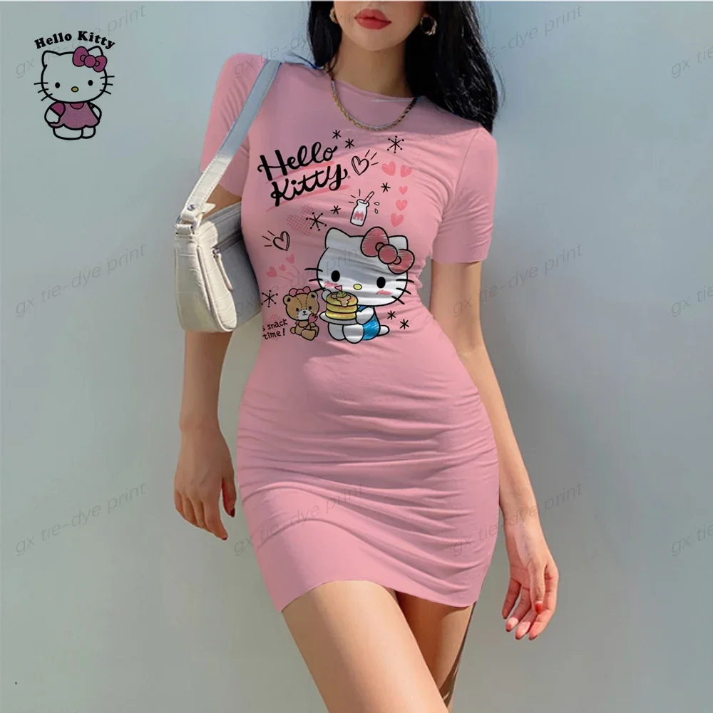 New round neck short sleeved Hello Kitty tight mini skirt sexy short skirt elegant chest slim fit pleated dress for women