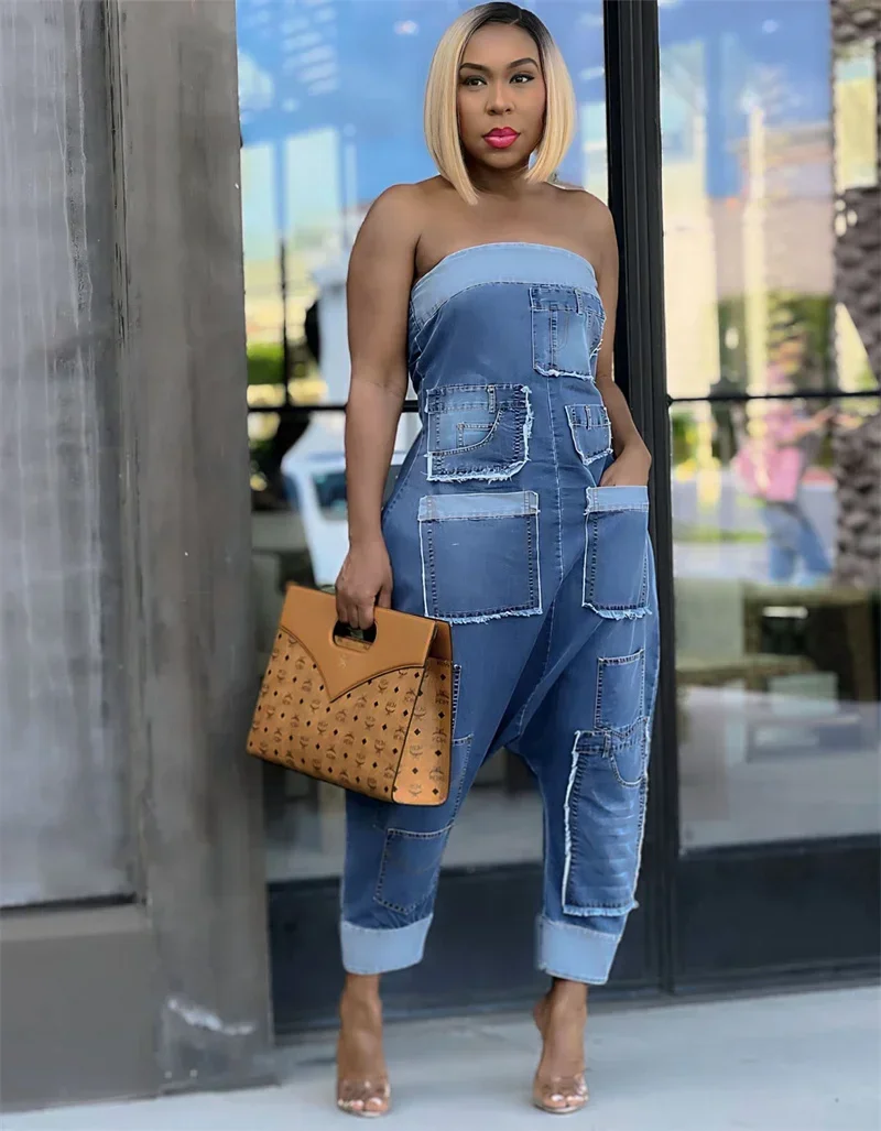 Fashion 2024 Women Strapless Loose Sexy Blue Denim Jumpsuit Stretchy Pockets Patches Cargo Jeans Jumpsuits Street Party Rompers