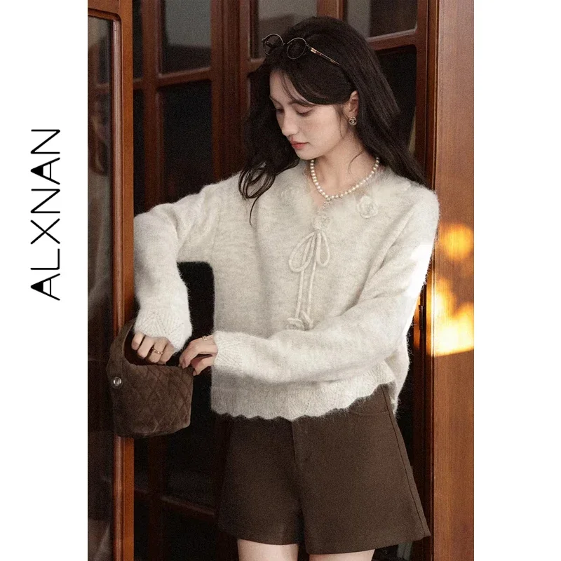 ALXNAN Plus Size Wool Sweater Oatmeal V-neck Furry Trim 3D Floral Tie Design Women's Pullover Long Sleeve Loose-fit Tops D662345