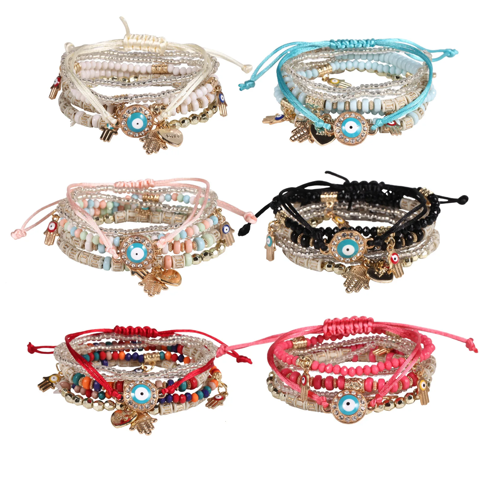 Nowy zestaw bransoletek z koralików Evil Eye dla kobiet Bohemia Fatima Hand Charm Beaded Chain Bangle Girls Boho Party Jewelry