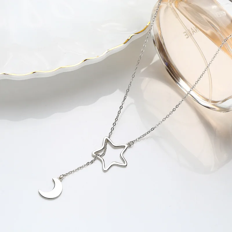 

925 Sterling Silver Moon and Star Sweater Chain Necklace for Girls