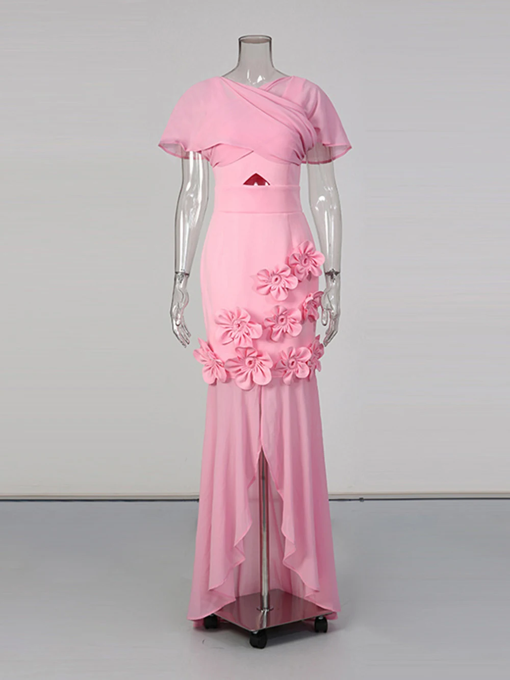 Modphy Elegant Patchwork Appliques Slim Long Dress Raglan Sleeve Pink Flower Sexy Front Slit Maxi Dress Celebrity Evening Party