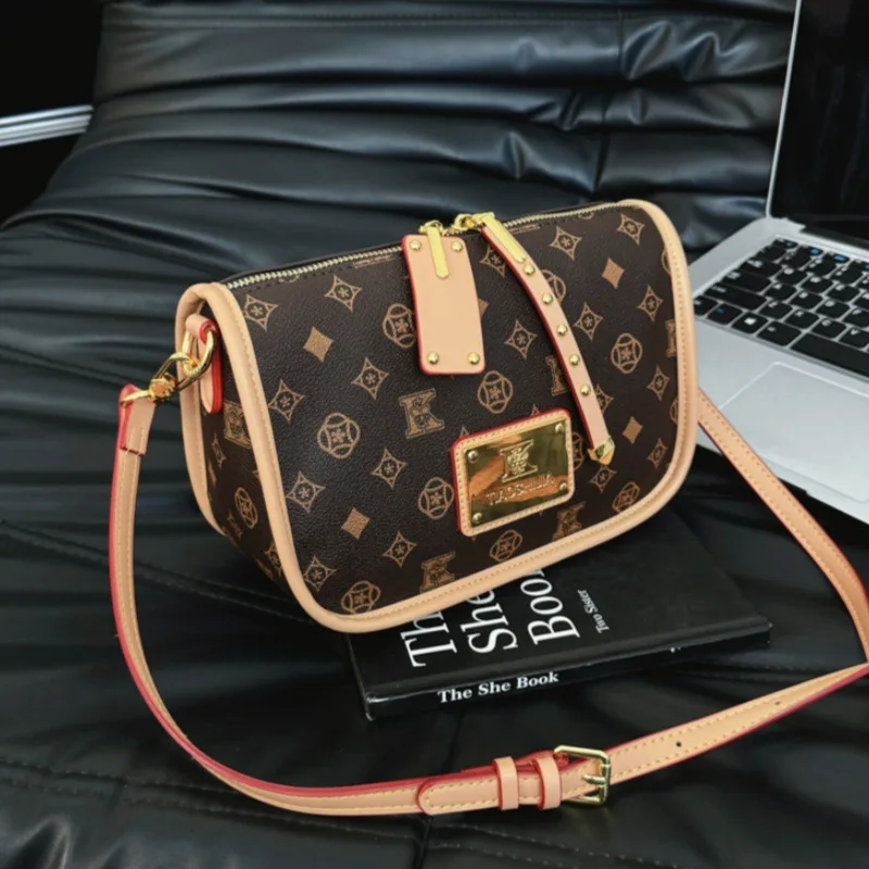 Luxury Inspired Vintage Monogram Crossbody Bag, Convertible Adjustable Strap Casual Saddle Handbag for Work & Weekend Outing
