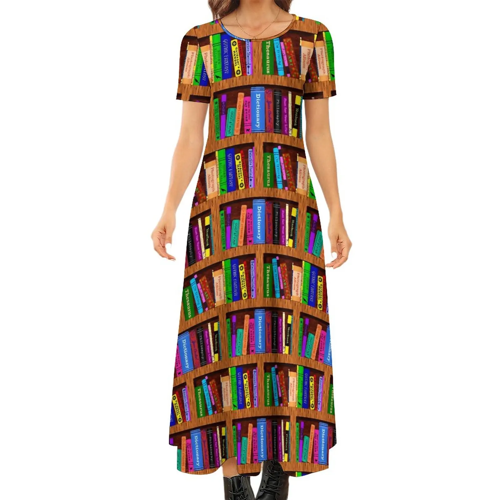 Books Library Dress Bookshelf Colorful Trendy Maxi Dress Short Sleeve Streetwear Bohemia Long Dresses Graphic Oversized Vestido