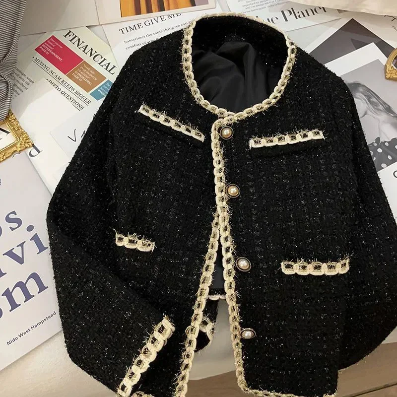 

2024 Elegant Tweed Black Jackets Women Casual Sweet Long Sleeve Korean Short Coat Vintage O Neck Patchwork Female Buttons Tops