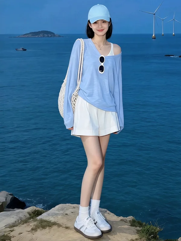 Princess Style Blue Loose Long Sleeve Sun Protection Cover up Vest Two Piece Set Korean Commute Casual Cotton Polyester Blend