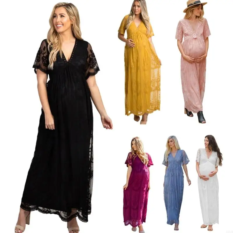 Elegant Maternity Lace Maxi Dress Comfortable Polyester Fabric Flowy Designs Photo Dress for Pregnancy Photoshoot A2UB