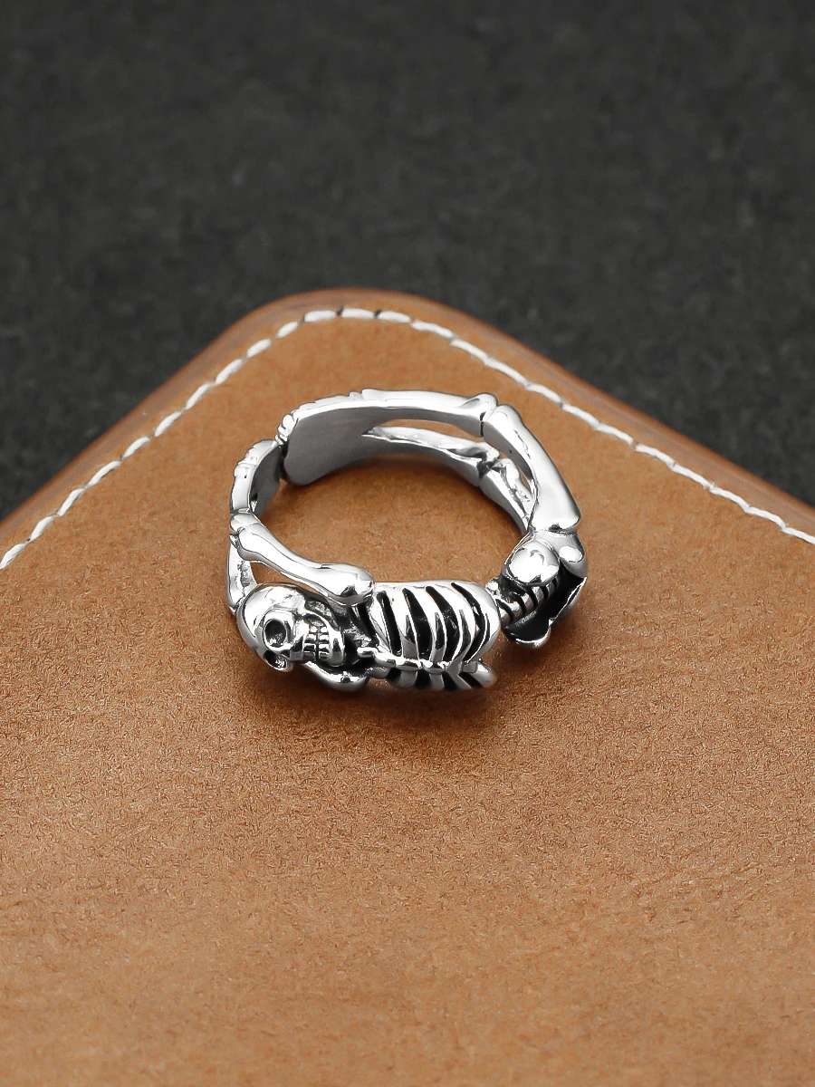 S925 sterling silver flip rear skull bone ring women's punk style personality dark series hip hop open ring