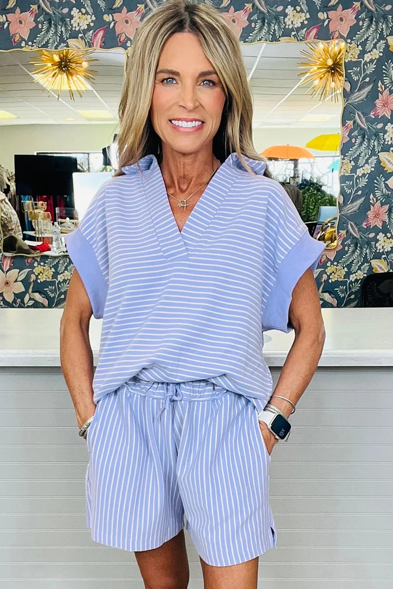 

Fashion Striped Printed Casual Suit For Women 2025 Summer New Item Color Blocked Short Sleeved T-shirt Shorts Two-piece Set