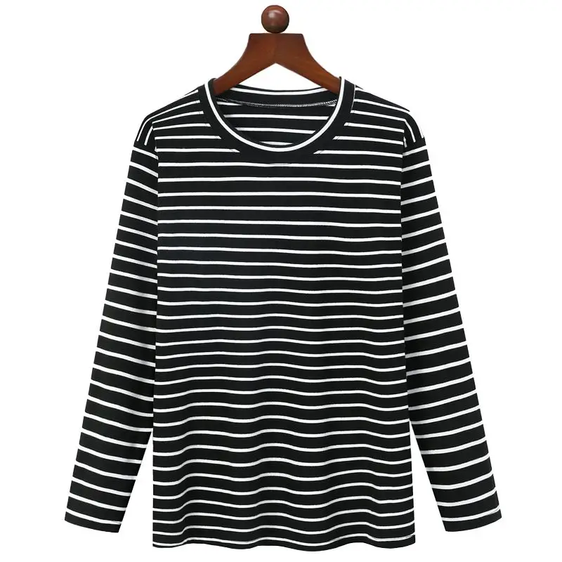 

Spring Autumn T-shirts Middle-aged Elderly Mothers Spring Autumn Dress Striped Long-sleeved Loose Round Neck Base Shirt