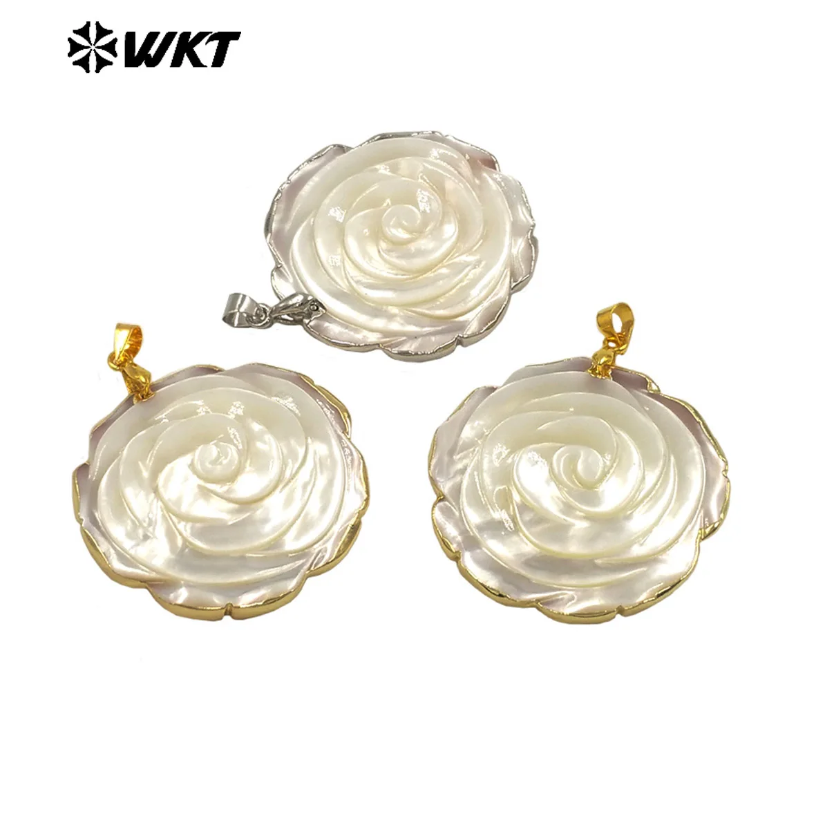 WT-JP404 Luxury Exquisite Pendant Rose Flower Shape Raw Natural Shell Hand Carved Gold/Silver Plated Elegant Style Jewelry DIY