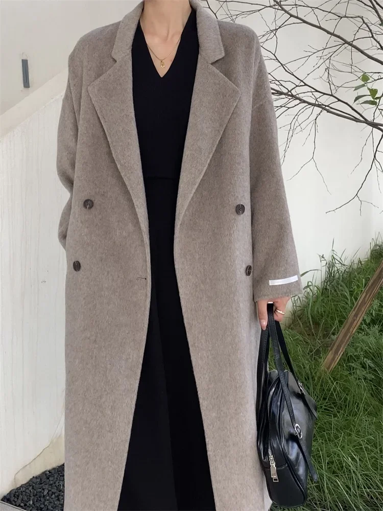 

RosEvans Double-sided Cashmere Coat Double-breasted Belts Women Simple Loose Lapel Suit Collar Wool Belt Coats Female 2024 New