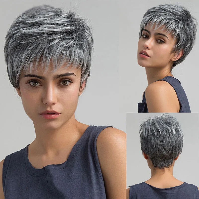 

Pixie Layered Short Silver Grey Mix Wig Women Synthetic Hair