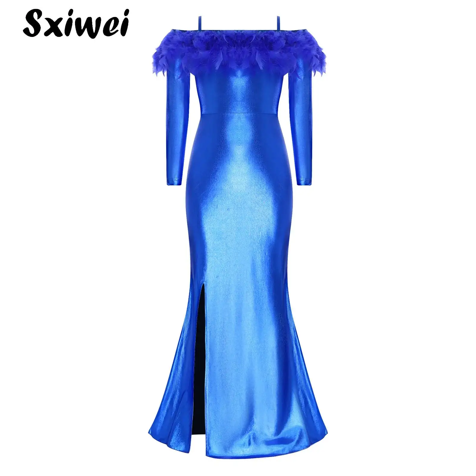 

Kids Girls Pageant Gown Off Shoulder Feather Trim Mermaid Dress Metallic Shiny Maxi Dress Wedding Formal Party Slit Long Dress