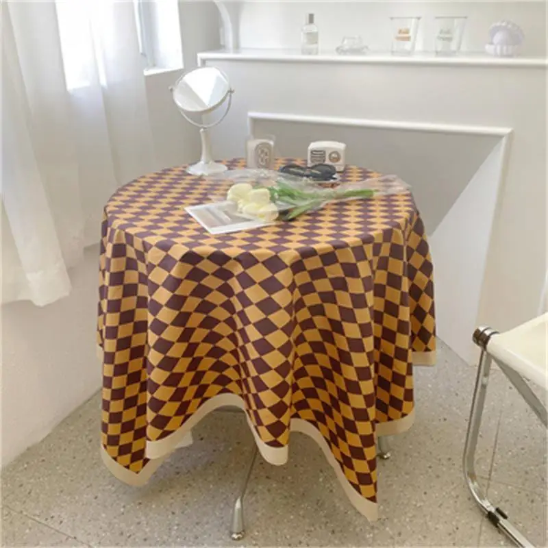 Chessboard Grid Tablecloth Light Luxury Retro Round Table Striped Grid Coffee Table Cloth Cushion Cover Home Decorations