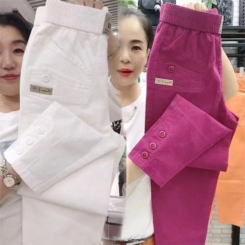 Women Spring Summer Pop Fashion High-end Ladies Washed Cotton Casual Pants Straight Pants High-Waisted Long Pants Skinny