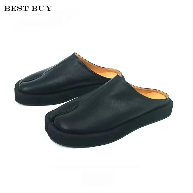 new platform heel Women Tabis Mules Split Toe Shoes Plus Size 35-45 Black Leather Men Slippers 2024 Women Designer Flat Shoes