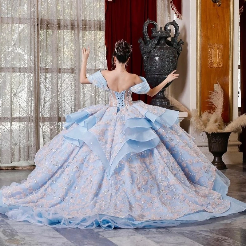 فساتين Quinceanera على شكل كرة الأميرة بدون أكتاف مزينة بفيونكة كريستال تول فيستدو دي 15 أنوس 16th حفلة موسيقية