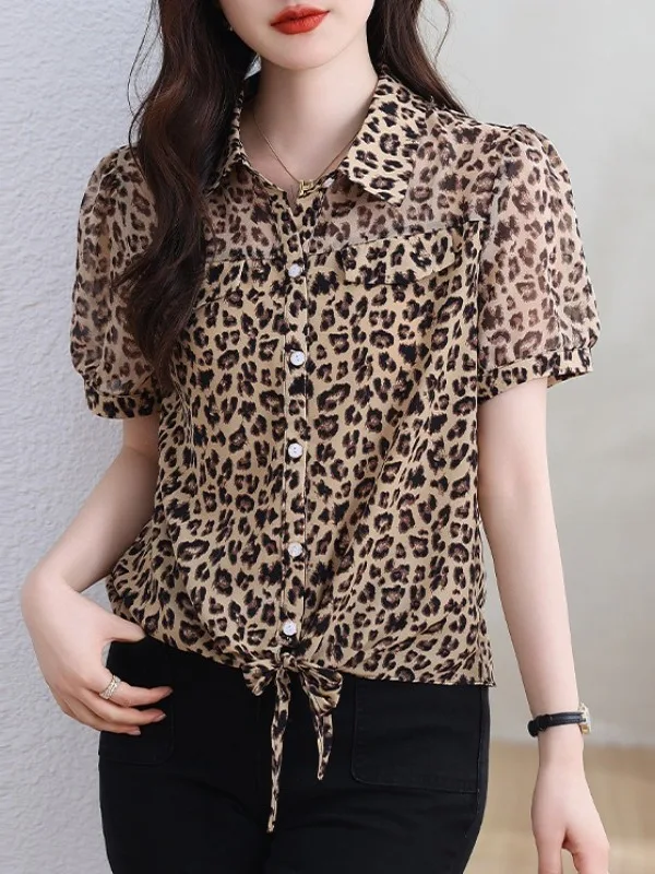 

Faionable Ladies' ort Sve Chiffon irt Леопардовый принт Дизайн Утягивающий топ Летний новый Sle European Faion Casual Wor...