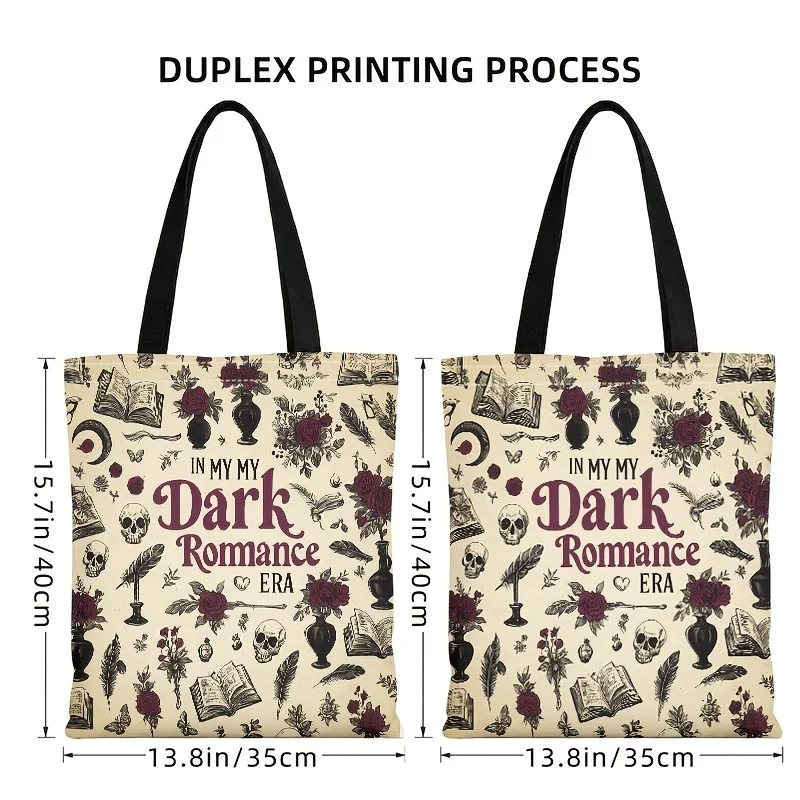 Gothic Dark Romance Tote Bag Vintage Skull Red Roses Feather Book Pattern Reusable Canvas Shoulder Handbag For Book Lovers