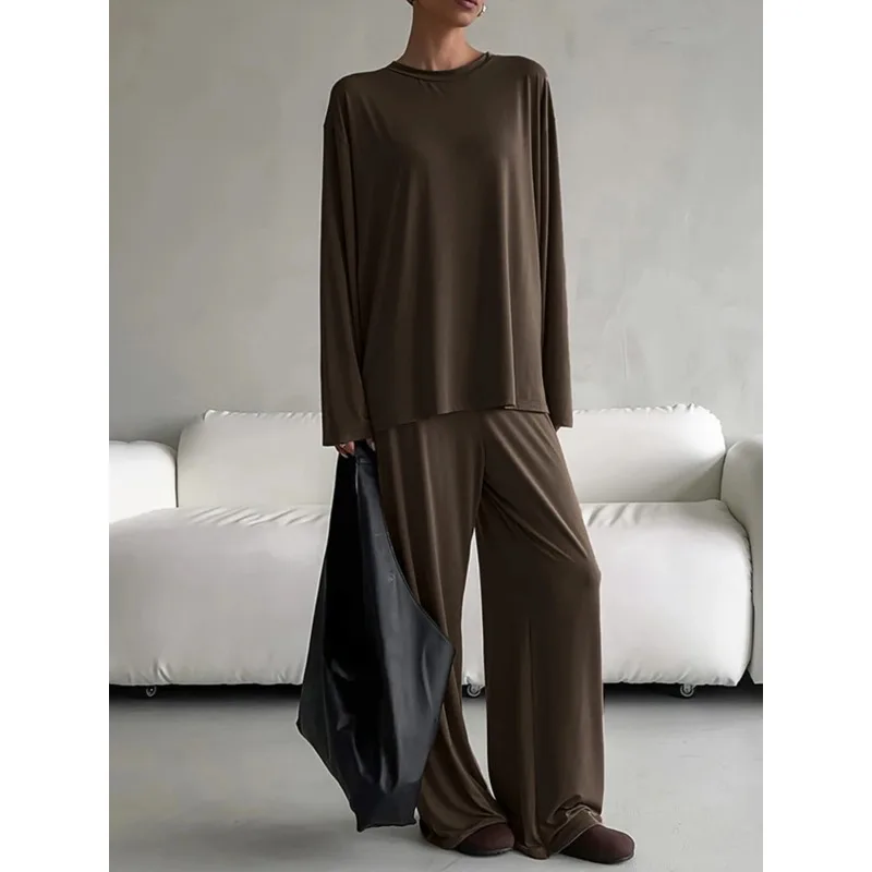 

Autumn New Round Neck Long Sleeved Pants Pajama Set Women's Solid Color Basic Top Casual Loose Home Clothing Suits