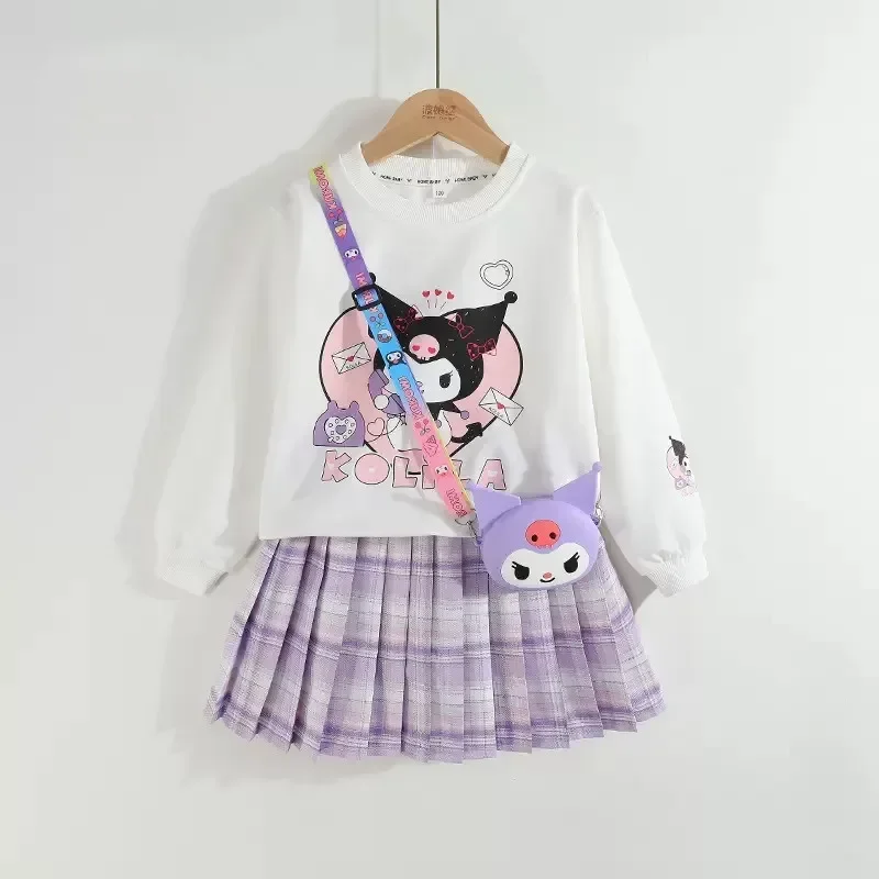 Anime Sanrio Children Clothes Kids Set Kuromi Long Sleeved Sweater Tops Checkered Pleated Skirt Girls Festival Clothing Gift