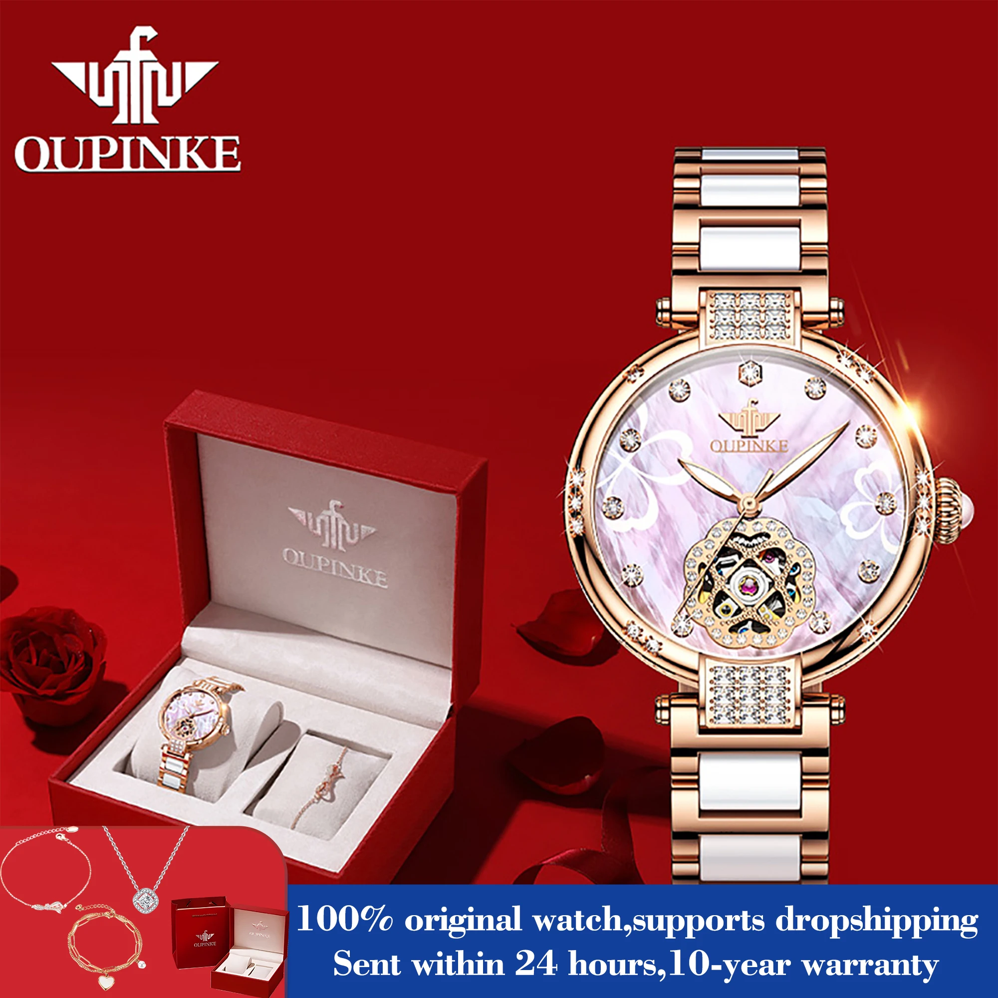 OUPINKE 3183 Diamond Scale Automatic Mechanical Watch For Women Luxury Elegant Hollow Ladies Hand Clock Deep Waterproof Watches