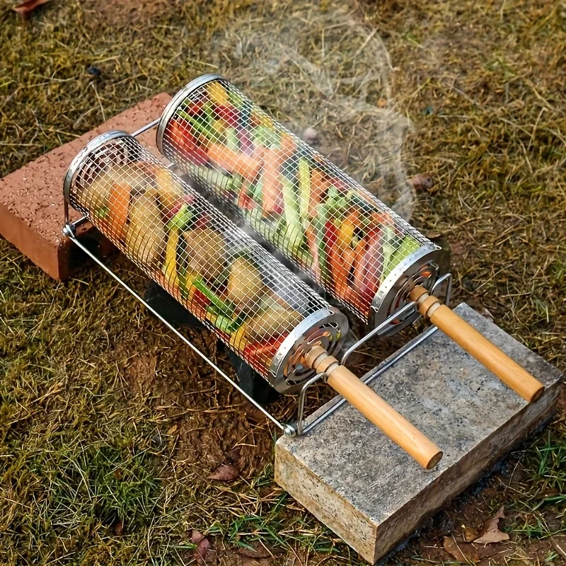 

Stainless Steel BBQ Grill Set 3pcs with Wooden Handle & Hanging Hook Portable Outdoor Camping Grill Grill Basket Tongs