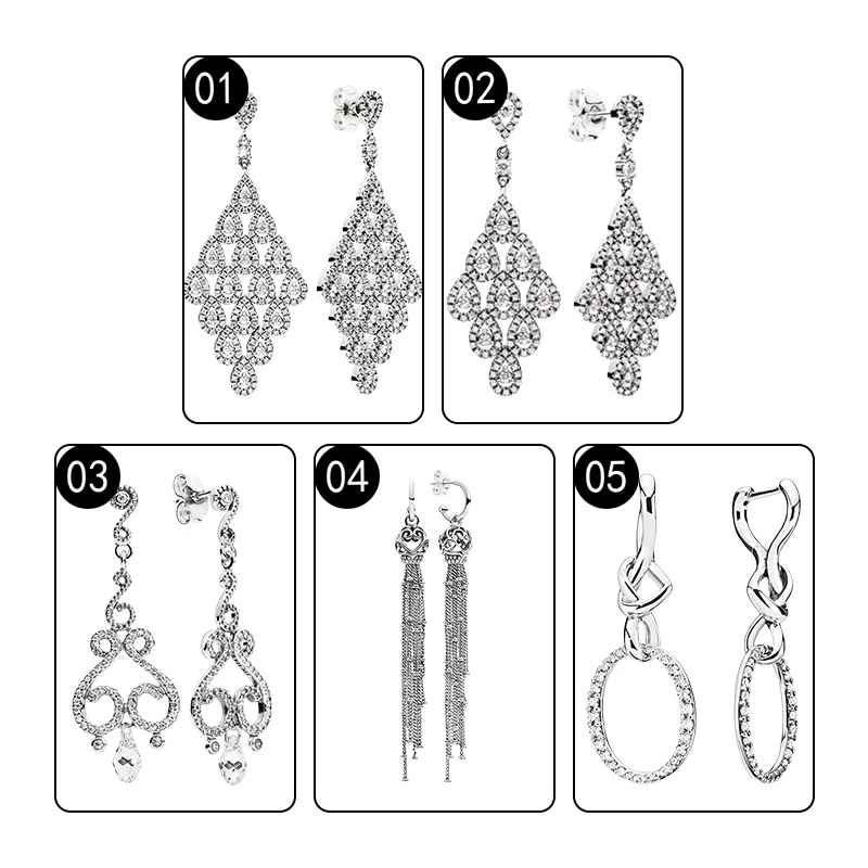 Silver 925 Original Dangling Drop Earrings For Women Jewelry Zircon Stones Cascading Glamour Swirl Chandelier Tassel Knot Hearts