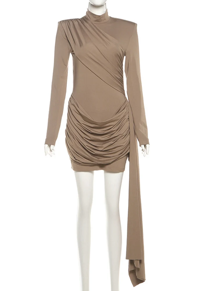 Beyprern Sexy Women's Turtleneck Ruched Cutout Back Bodycon Mini Dress with Draped Sash Backless Night Clubwear Outfits