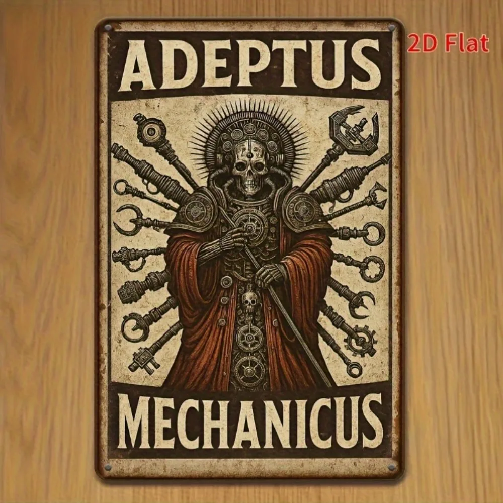 [مسطح [قطعة واحدة من فن الحائط المعدني العتيق من Adeptus Mechanicus - لافتة حديدية مع هيكل عظمي معقد وتصميم تروس