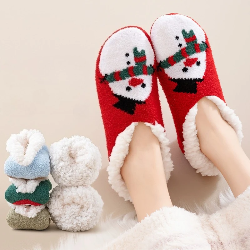 

1 Pair Cute Cartoon Christmas Home Floor Shoes Woman Winter Indoor Socks Shoes Soft Plush Anti-slip Sole Girls Warm Cotton Shoes