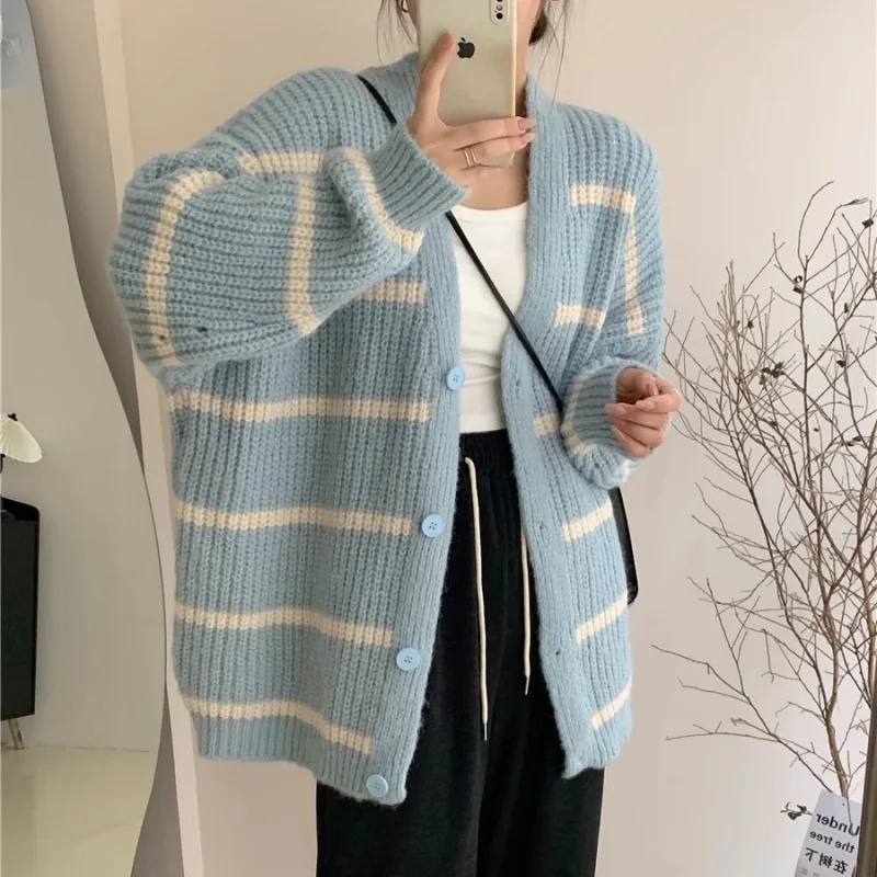 Korean Version Lazy Knit Cardigan For Women Coat Contrasting Striped Autumn Winter Vintage V-Neck Loose Sweater Knitwears Tops