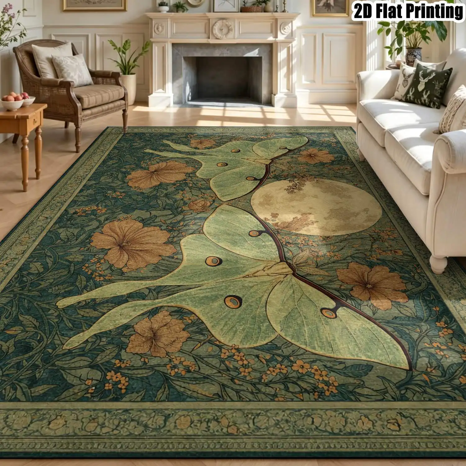 1Pc 2D Printed Carpet: Retro Green Base with Moon, Butterfly & Floral Patterns European-Style Home Decor Rug, Multi-Size, Machine Washable, for Entryway, Dining Room, Foyer, Bedroom, Living Room.