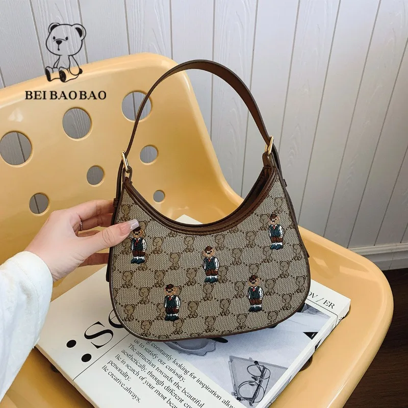 Beibaobao Underarm Bag Women\'s Canvas Lightweight Small Shoulder Bag Bear Pattern Design Handbag Popular Women\'s Crossbody Bags