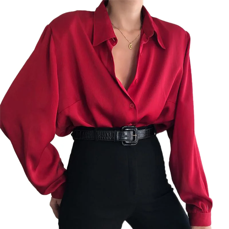 Women Button Blouses Turn Down Collar Shirts Office Lady Long Sleeve Casual Blouse Loose OL Shirt Baggy Tops