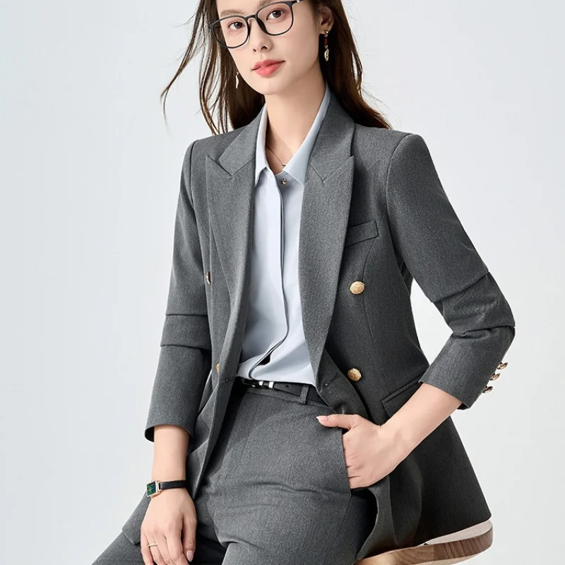 

Featured fashion professional attire for women: navy blue business suit set, high-end Hong Kong style fashionable office workwea