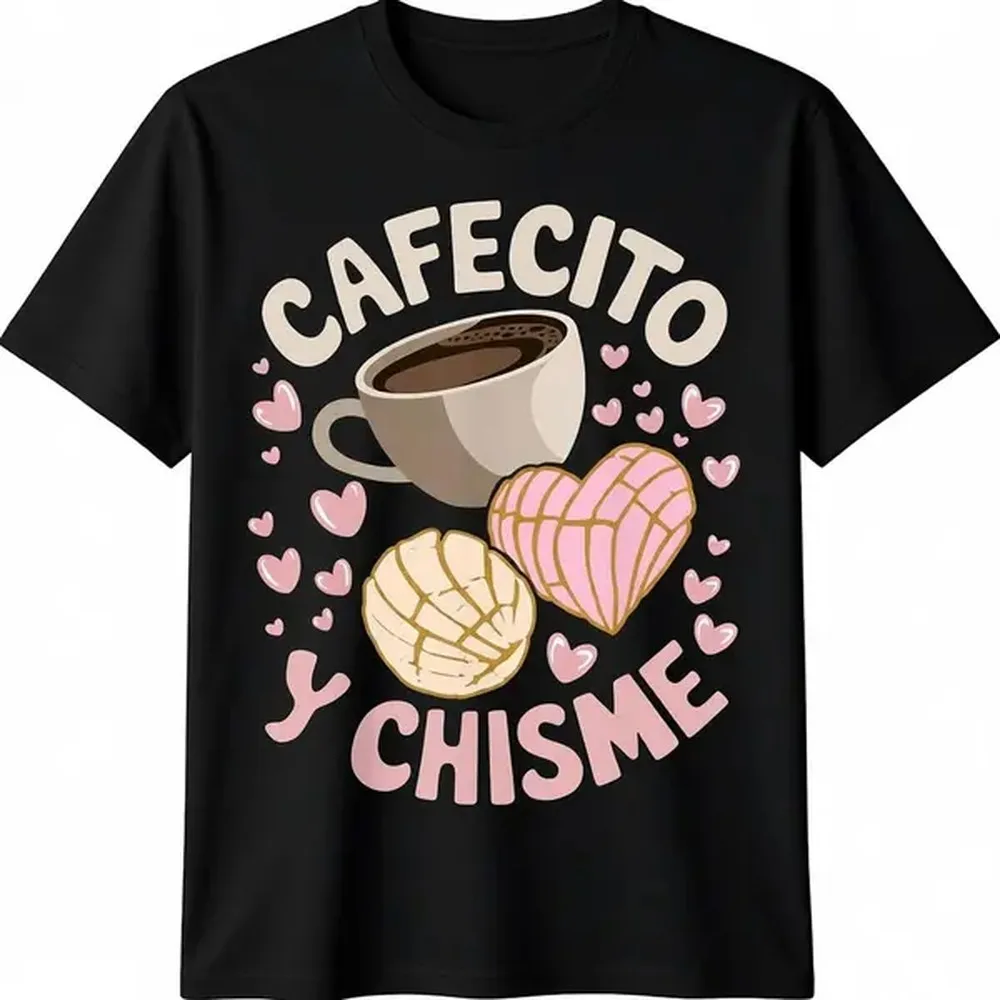 Cafecito y Chisme Graphic T-Shirt, a Unisex Comfy Classic Cut Top in 100% Cotton with a Crew Neck for Casual Wear, Shortsleeve, Round Neck, Fashion Apparel, Fit, Double Stitching, All Seasons, Check Color And Size Charts, Heavy Fabric, Basic, Menswear, Ts